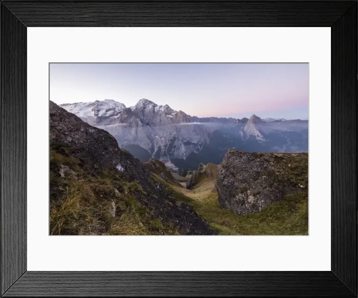 Framed Print : View of the Marmolada mountain range at dawn, Cima Belvedere, Canazei, Val di Fassa Framed Print : View of the Marmolada mountain range at dawn, Cima Belvedere, Canazei, Val di Fassa