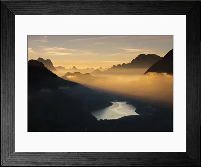 Framed Print : Orange light beam and mist on peaks of Dolomiti and Fedaia Pass, Cima Belvedere, Val di Fassa Framed Print : Orange light beam and mist on peaks of Dolomiti and Fedaia Pass, Cima Belvedere, Val di Fassa