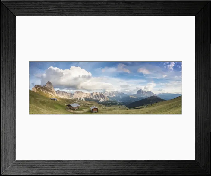 Framed Print : Panorama of green meadows and huts of the Odle mountain range seen from Seceda, Val Gardena Framed Print : Panorama of green meadows and huts of the Odle mountain range seen from Seceda, Val Gardena