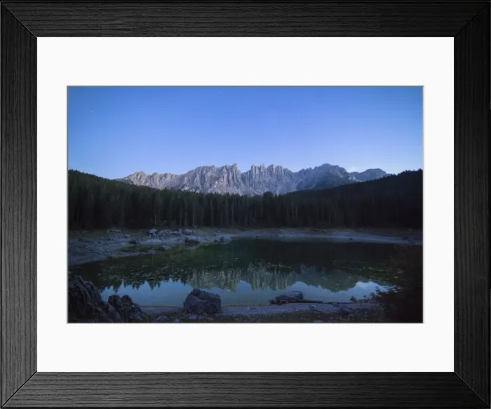 Framed Print : Latemar mountain range and woods are reflected in Lake Carezza at dusk, Ega Valley Framed Print : Latemar mountain range and woods are reflected in Lake Carezza at dusk, Ega Valley