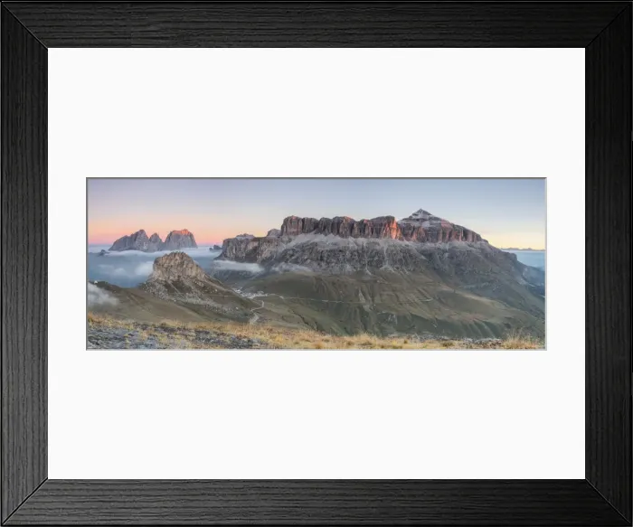 Framed Print : Panorama of Sass Beca Sassolungo and Piz Boa at dawn from Cima Belvedere, Canazei Framed Print : Panorama of Sass Beca Sassolungo and Piz Boa at dawn from Cima Belvedere, Canazei