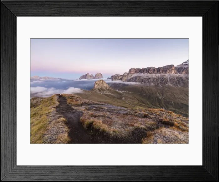 Framed Print : Pink sky and mist on Sass Beca and Sassolungo seen from Cima Belvedere, Canazei, Val di Fassa Framed Print : Pink sky and mist on Sass Beca and Sassolungo seen from Cima Belvedere, Canazei, Val di Fassa