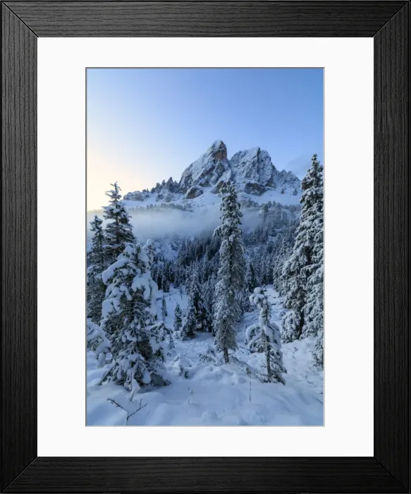 Framed Print : The high peak of Sass De Putia frames the snowy woods at dawn, Passo Delle Erbe, Funes Valley Framed Print : The high peak of Sass De Putia frames the snowy woods at dawn, Passo Delle Erbe, Funes Valley