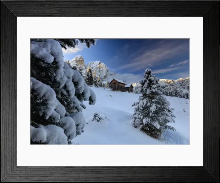 Framed Print : The snowy peak of Sass De Putia frames the wooden hut and woods at dawn, Passo Delle Erbe Framed Print : The snowy peak of Sass De Putia frames the wooden hut and woods at dawn, Passo Delle Erbe