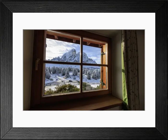 Framed Print : View of Sass De Putia surrounded by snowy woods from the window, Passo Delle Erbe Framed Print : View of Sass De Putia surrounded by snowy woods from the window, Passo Delle Erbe