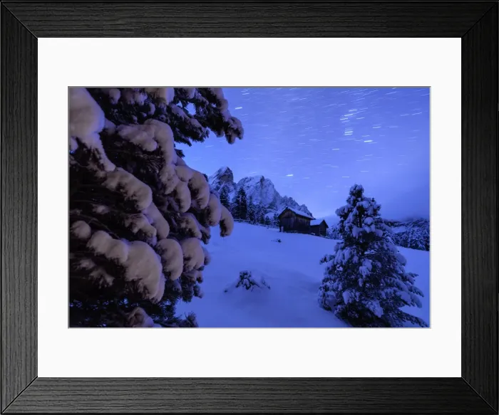 Framed Print : Star trail and snowy trees frame the wooden hut and Sass De Putia, Passo Delle Erbe Framed Print : Star trail and snowy trees frame the wooden hut and Sass De Putia, Passo Delle Erbe
