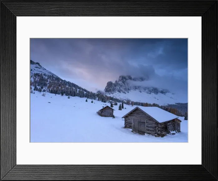 Framed Print : Pink clouds at dawn on the Odle and hut covered with snow, Malga Caseril, Funes Valley Framed Print : Pink clouds at dawn on the Odle and hut covered with snow, Malga Caseril, Funes Valley