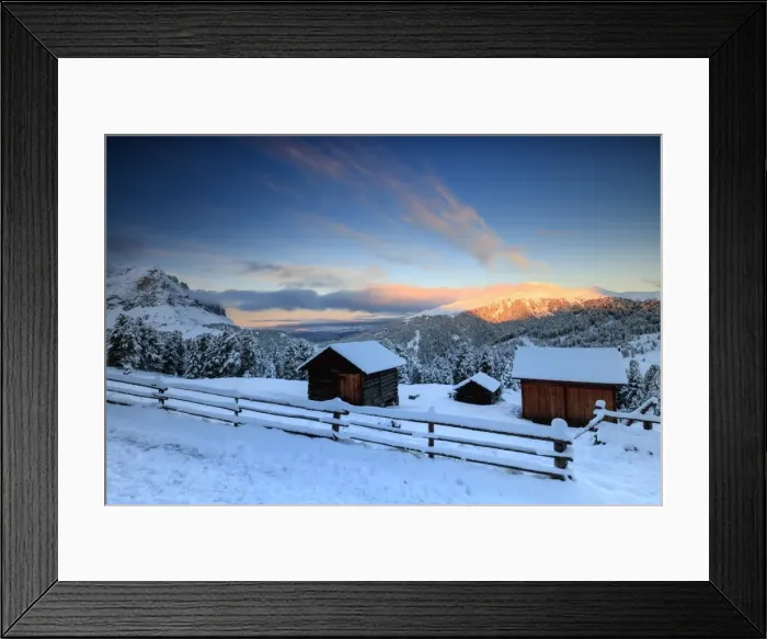 Framed Print : The sunrise lights up the snowy woods and huts, Passo Delle Erbe, Funes Valley, South Tyrol Framed Print : The sunrise lights up the snowy woods and huts, Passo Delle Erbe, Funes Valley, South Tyrol