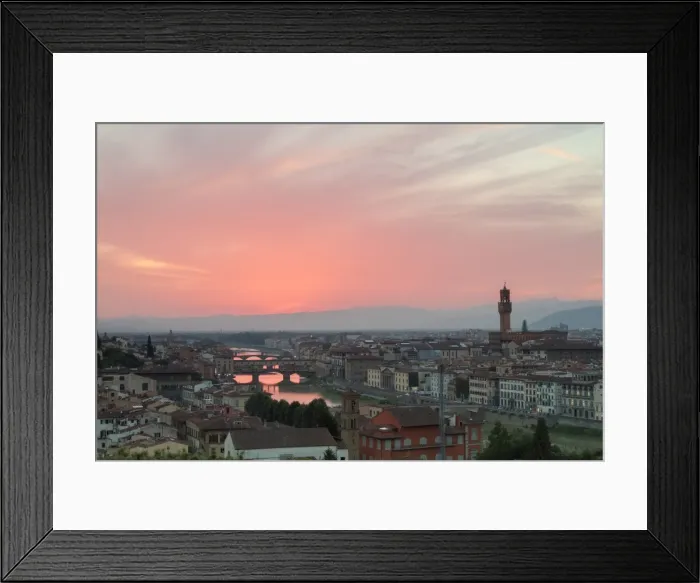 Framed Print : Arno River with Ponte Vecchio and Palazzo Vecchio at sunset seen from Piazzale Michelangelo Framed Print : Arno River with Ponte Vecchio and Palazzo Vecchio at sunset seen from Piazzale Michelangelo
