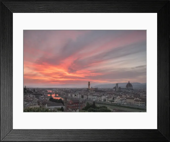 Framed Print : Pink clouds at sunset frame the city of Florence crossed by Arno River seen Framed Print : Pink clouds at sunset frame the city of Florence crossed by Arno River seen