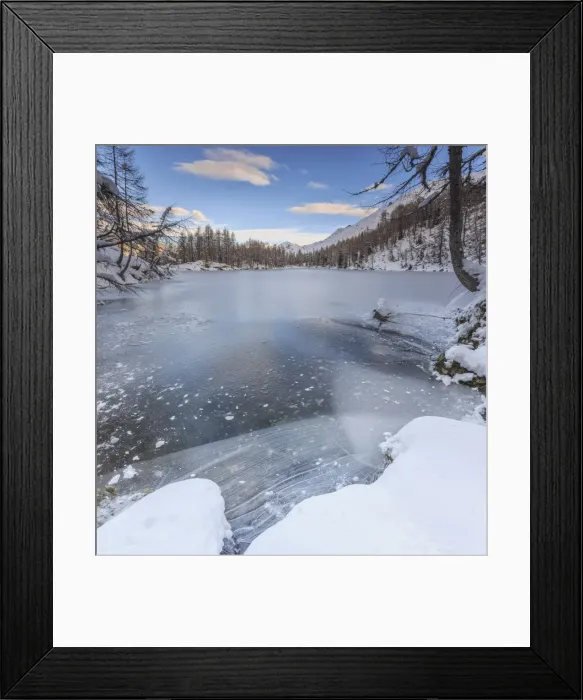 Framed Print : Panorama of frozen Lago Azzurro at dawn, Spluga Valley, Province of Sondrio, Valtellina Framed Print : Panorama of frozen Lago Azzurro at dawn, Spluga Valley, Province of Sondrio, Valtellina