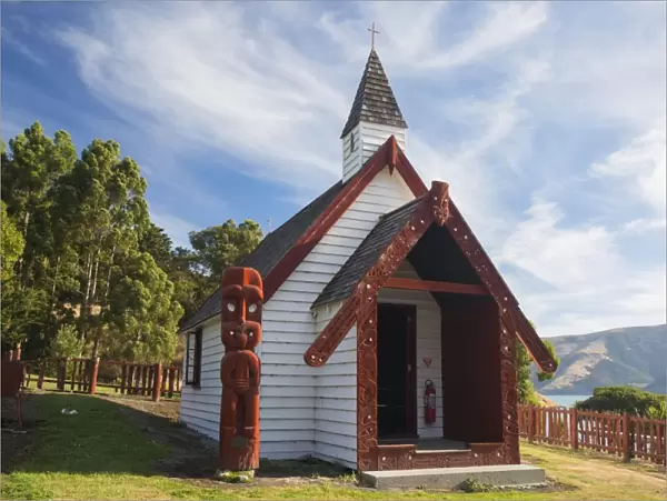 Historic Maori church on hillside above Akaroa Harbour, Onuku, near Akaroa, Banks Peninsula
