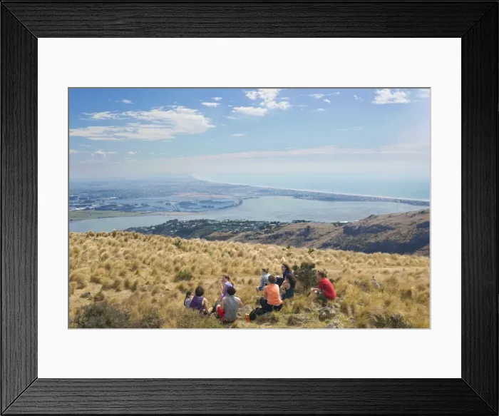 Framed Print : Group of young people enjoying a picnic on the Port Hills, Christchurch, Canterbury Framed Print : Group of young people enjoying a picnic on the Port Hills, Christchurch, Canterbury