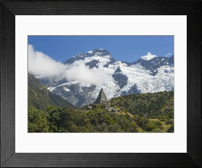 Framed Print : Alpine memorial dwarfed by Mount Sefton, Aoraki (Mount Cook National Park, UNESCO Framed Print : Alpine memorial dwarfed by Mount Sefton, Aoraki (Mount Cook National Park, UNESCO