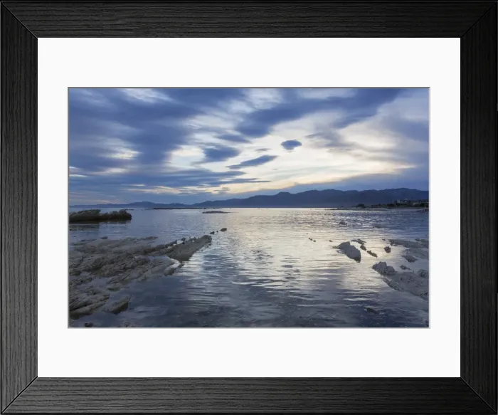 Framed Print : View across the tranquil waters of South Bay at dusk, Kaikoura, Canterbury, South Island Framed Print : View across the tranquil waters of South Bay at dusk, Kaikoura, Canterbury, South Island