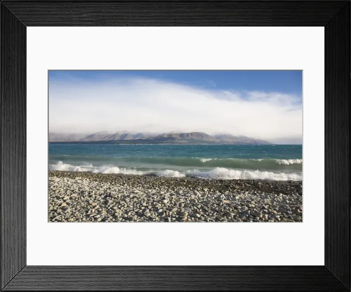Framed Print : View from rocky shoreline across the stormy waters of Lake Pukaki, near Twizel, Mackenzie district Framed Print : View from rocky shoreline across the stormy waters of Lake Pukaki, near Twizel, Mackenzie district