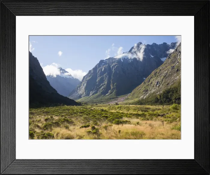 Framed Print : View along the Hollyford Valley to West Peak and Mount Talbot, Fiordland National Park Framed Print : View along the Hollyford Valley to West Peak and Mount Talbot, Fiordland National Park