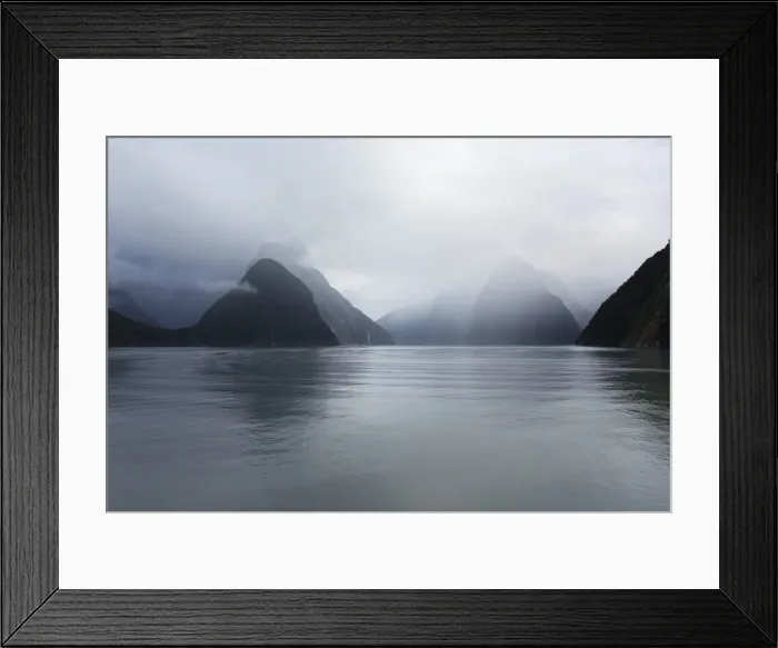 Framed Print : View down rainswept Milford Sound, mountains obscured by cloud, Milford Sound, Fiordland Framed Print : View down rainswept Milford Sound, mountains obscured by cloud, Milford Sound, Fiordland