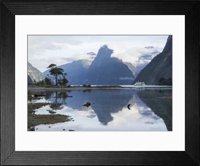 Framed Print : View down Milford Sound, mountains reflected in water, Milford Sound, Fiordland National Park Framed Print : View down Milford Sound, mountains reflected in water, Milford Sound, Fiordland National Park