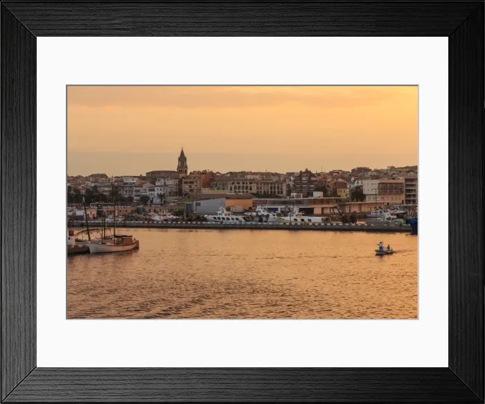 Framed Print : Fishing boats and town at sunrise, Palamos, Costa Brava, Girona, Catalonia, Spain, Europe Framed Print : Fishing boats and town at sunrise, Palamos, Costa Brava, Girona, Catalonia, Spain, Europe