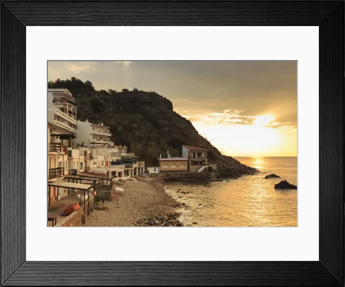 Framed Print : Pebbly cove with fishermens houses at sunrise, Palamos, Costa Brava, Girona, Catalonia Framed Print : Pebbly cove with fishermens houses at sunrise, Palamos, Costa Brava, Girona, Catalonia