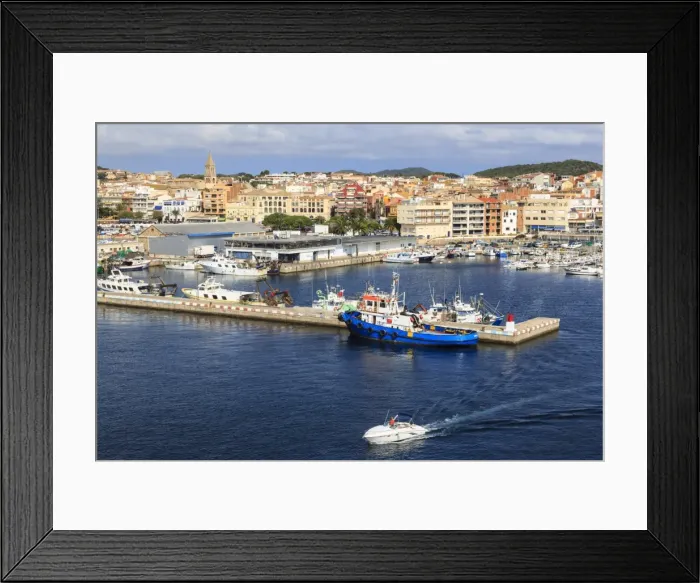 Framed Print : Town centre, fishing boats and pleasure craft, from the sea, Palamos, Costa Brava Framed Print : Town centre, fishing boats and pleasure craft, from the sea, Palamos, Costa Brava