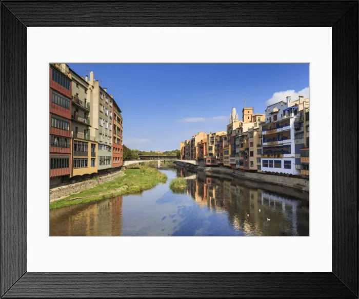 Framed Print : Distinctive historic colourful arcaded houses and Onyar River, Girona, Girona Province Framed Print : Distinctive historic colourful arcaded houses and Onyar River, Girona, Girona Province