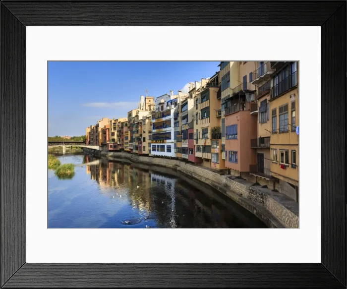 Framed Print : Distinctive historic colourful arcaded houses and Onyar River, Girona, Girona Province Framed Print : Distinctive historic colourful arcaded houses and Onyar River, Girona, Girona Province