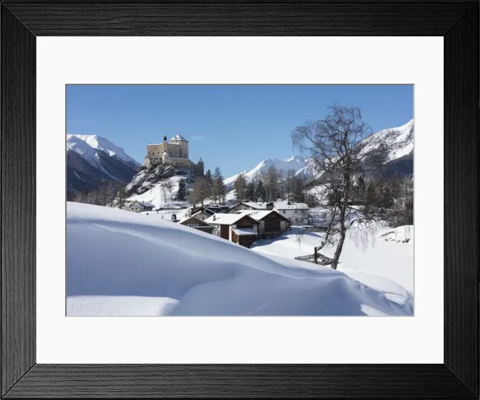 Framed Print : Old castle and alpine village of Tarasp surrounded by snowy peaks, Inn district Framed Print : Old castle and alpine village of Tarasp surrounded by snowy peaks, Inn district