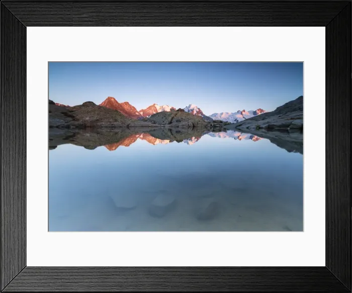 Framed Print : Snowy peaks reflected in the alpine lake at sunset, Fuorcla, Surlej, St Framed Print : Snowy peaks reflected in the alpine lake at sunset, Fuorcla, Surlej, St