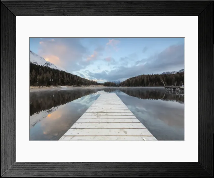 Framed Print : The wooden deck frames Lej Da Staz at dawn, St. Moritz, Canton of Graubunden, Engadine Framed Print : The wooden deck frames Lej Da Staz at dawn, St. Moritz, Canton of Graubunden, Engadine