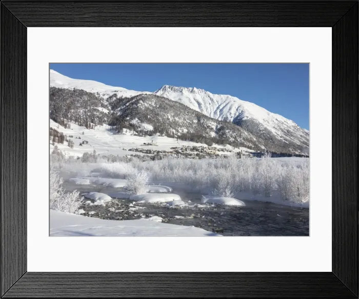 Framed Print : Snow covered trees and river Inn frame the alpine village of Samedan, Maloja, Canton of Graubunden Framed Print : Snow covered trees and river Inn frame the alpine village of Samedan, Maloja, Canton of Graubunden