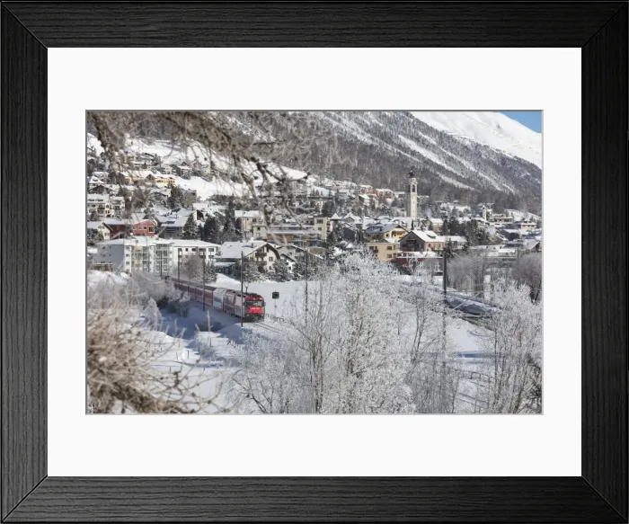 Framed Print : The red train runs across the snowy landscape around Samedan, Maloja, Canton of Graubunden Framed Print : The red train runs across the snowy landscape around Samedan, Maloja, Canton of Graubunden