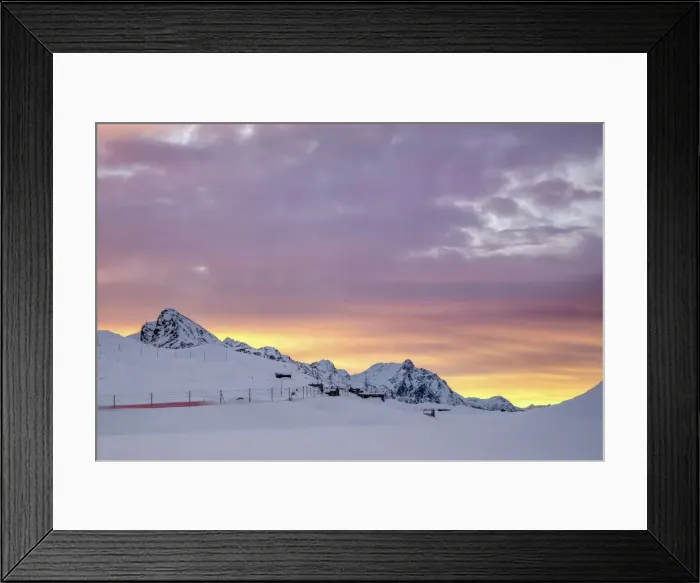 Framed Print : Pink clouds and snow frame the Bernina Express train at dawn, Bernina Pass, Canton of Graubunden