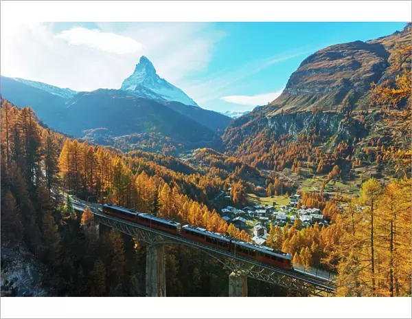 The Matterhorn, 4478m, Findelbach bridge and the Glacier Express Gornergrat, Zermatt
