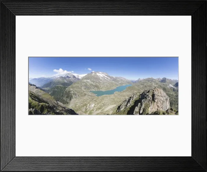 Framed Print : Panorama of the blue Lago Bianco surrounded by high peaks, Bernina Pass, Canton of Graubunden Framed Print : Panorama of the blue Lago Bianco surrounded by high peaks, Bernina Pass, Canton of Graubunden