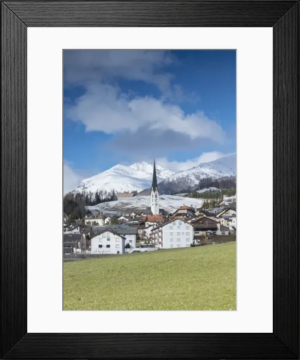 Framed Print : View of the alpine village of Zuoz surrounded by snowy peaks in spring, Maloja, Canton Framed Print : View of the alpine village of Zuoz surrounded by snowy peaks in spring, Maloja, Canton