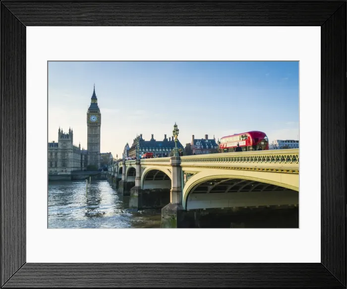 Framed Print : Red bus crossing Westminster Bridge towards Big Ben and the Houses of Parliament Framed Print : Red bus crossing Westminster Bridge towards Big Ben and the Houses of Parliament