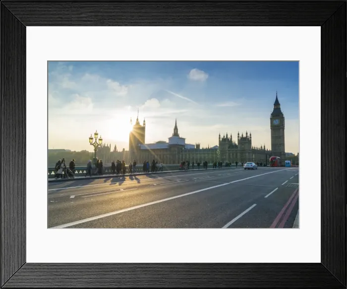 Framed Print : Pedestrians on Westminster Bridge with Houses of Parliament and Big Ben at sunset