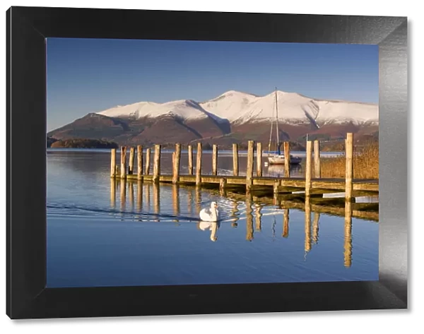 Derwent Water and snow capped Skiddaw from Lodor Hotel Jetty, Borrowdale, Lake District