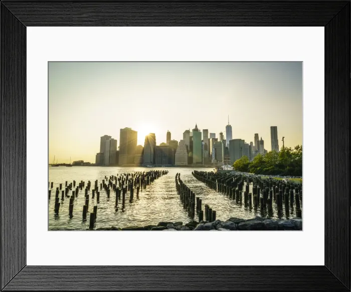 Framed Print : Lower Manhattan skyline across the East River at sunset, New York City, New York
