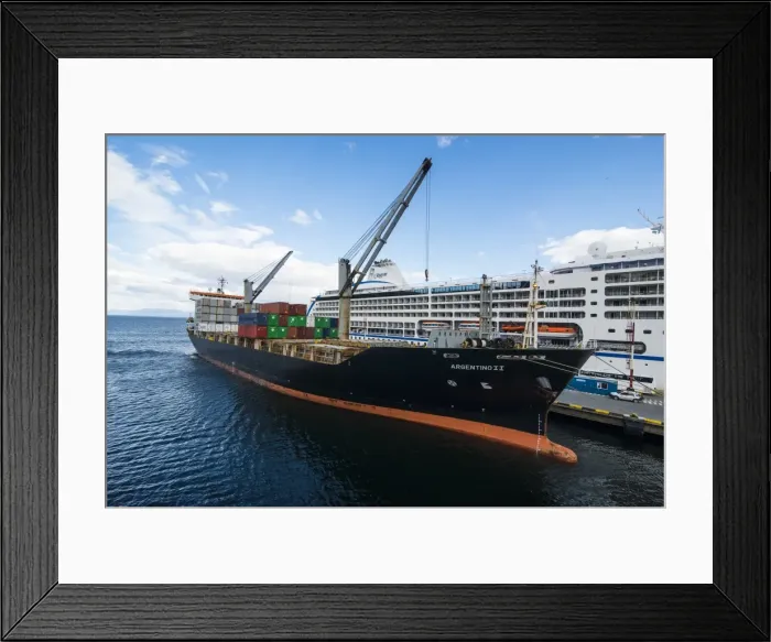Framed Print : Cargo ship anchoring in the harbour of Ushuaia, Tierra del Fuego, Argentina, South Framed Print : Cargo ship anchoring in the harbour of Ushuaia, Tierra del Fuego, Argentina, South
