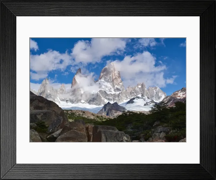Framed Print : Monte Fitz Roy framed by rocks and trees near Arroyo del Salto in Patagonia, Argentina Framed Print : Monte Fitz Roy framed by rocks and trees near Arroyo del Salto in Patagonia, Argentina