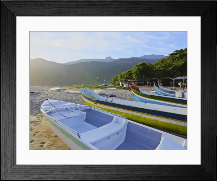 Framed Print : Traditional colourful boats on the beach in Bonete, Ilhabela Island, State of Sao Paulo Framed Print : Traditional colourful boats on the beach in Bonete, Ilhabela Island, State of Sao Paulo