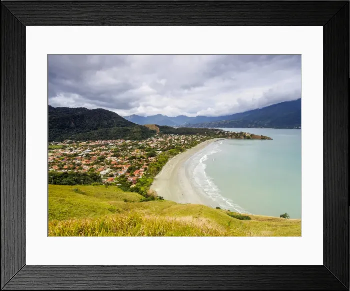 Framed Print : Elevated view of the Praia Barequecaba with Ilhabela Island in the background, State of Sao Paulo