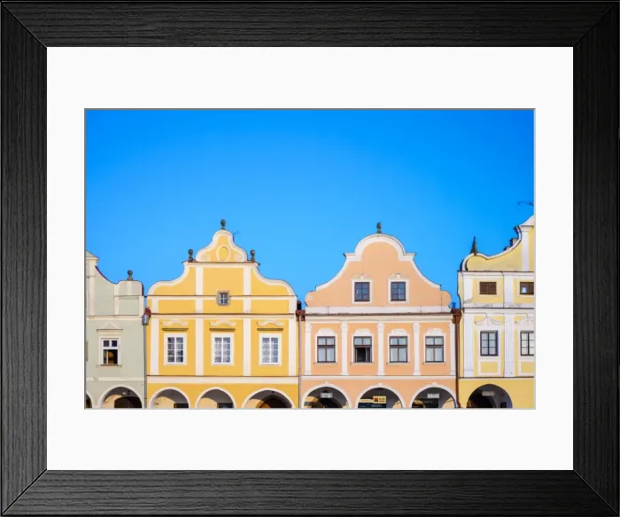 Framed Print : Facades of Renaissance and Baroque houses on Namesti Zachariase z Hradce square, Telc Framed Print : Facades of Renaissance and Baroque houses on Namesti Zachariase z Hradce square, Telc