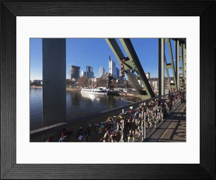 Framed Print : Eiserner Steg, iron footbridge with view to financial district, Frankfurt, Hesse Framed Print : Eiserner Steg, iron footbridge with view to financial district, Frankfurt, Hesse