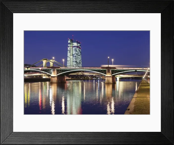 Framed Print : View over Main River to Ignatz Bubis Bridge and European Central Bank, Frankfurt Framed Print : View over Main River to Ignatz Bubis Bridge and European Central Bank, Frankfurt