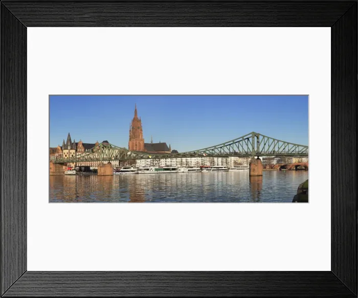 Framed Print : View over Main River to Eiserner Steg iron footbridge and Kaiserdom Cathedral of St Framed Print : View over Main River to Eiserner Steg iron footbridge and Kaiserdom Cathedral of St