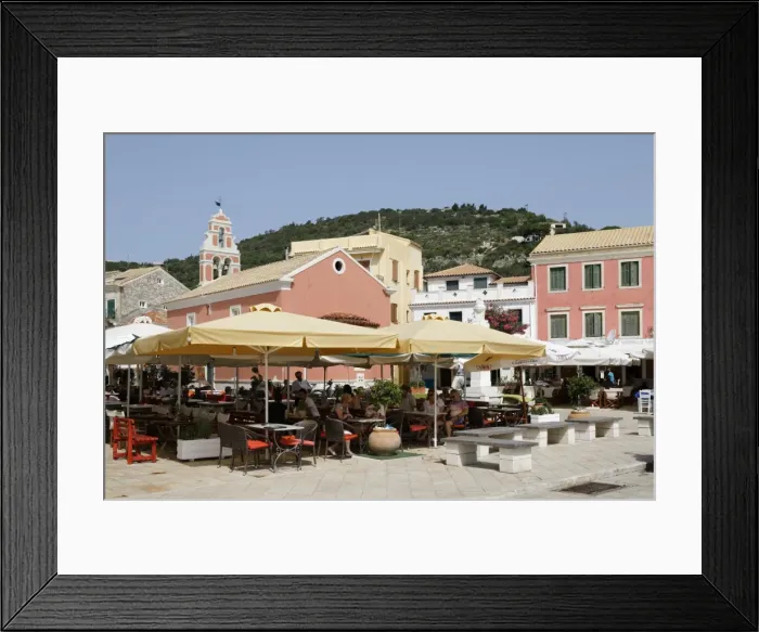 Framed Print : Cafes and restaurants in main square of Gaios town, Paxos, Ionian Islands, Greek Islands